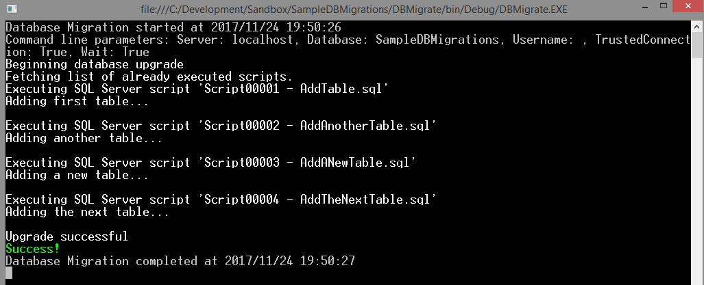 DbUp exe: first run