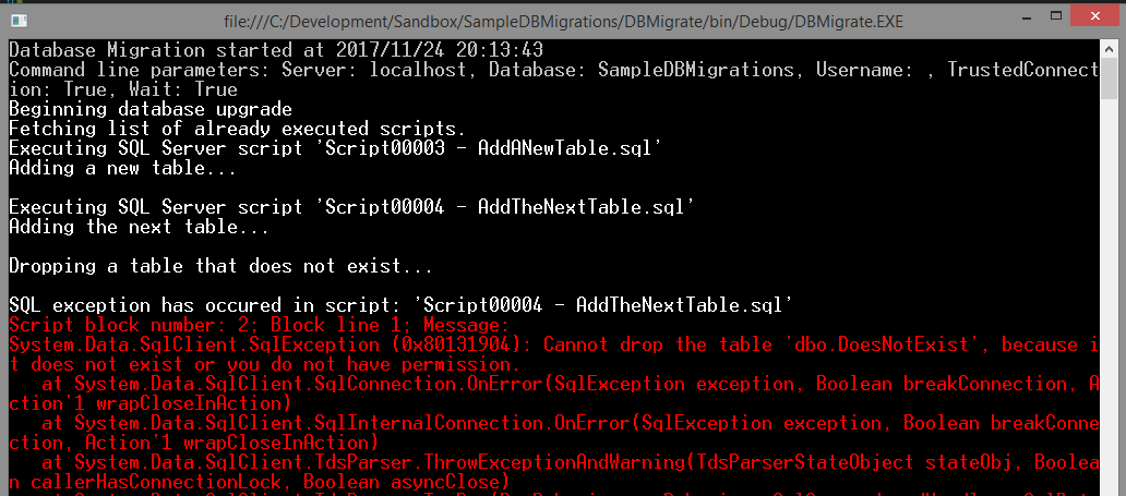 DbUp exe: script failure